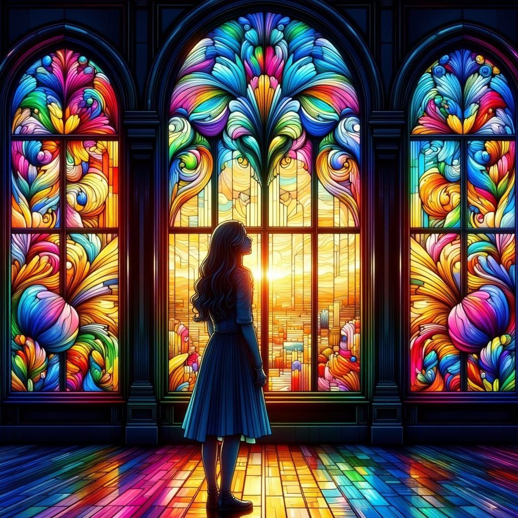 Woman Observes Rainbow Spectrum Refracted Through Iridescent...