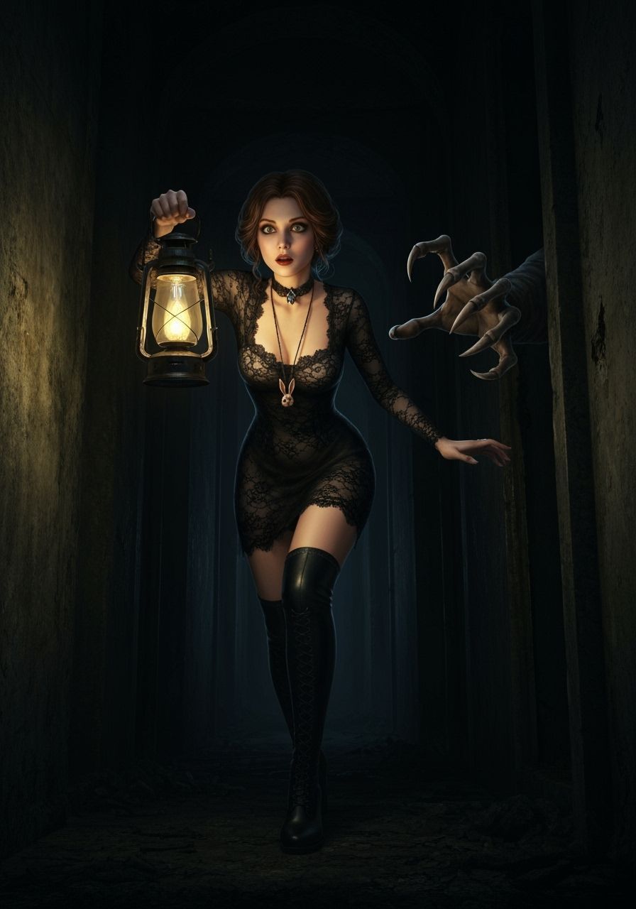 Gothic Ingenue's Perilous Journey in Dark Fantasy Style