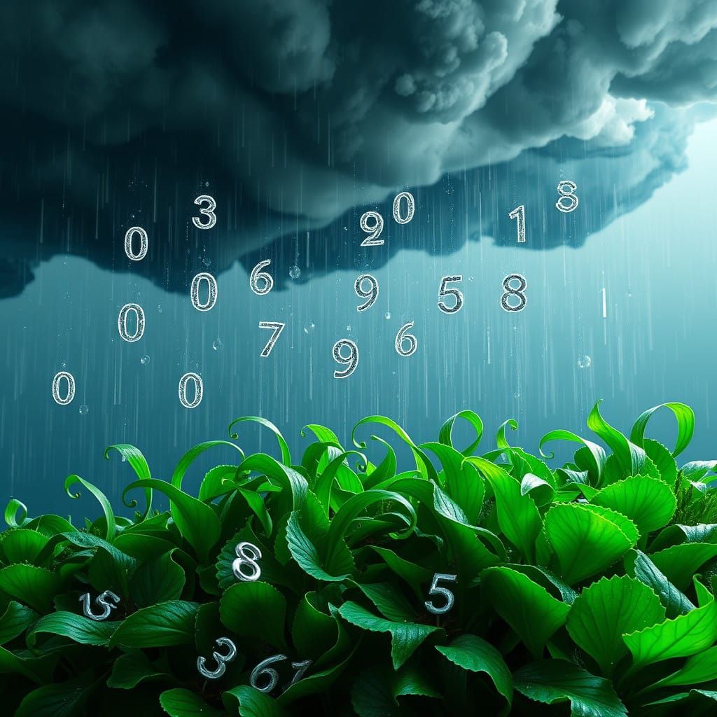 Numbers Rain Down on a Lush, Vibrant Landscape in Hyper-Real...