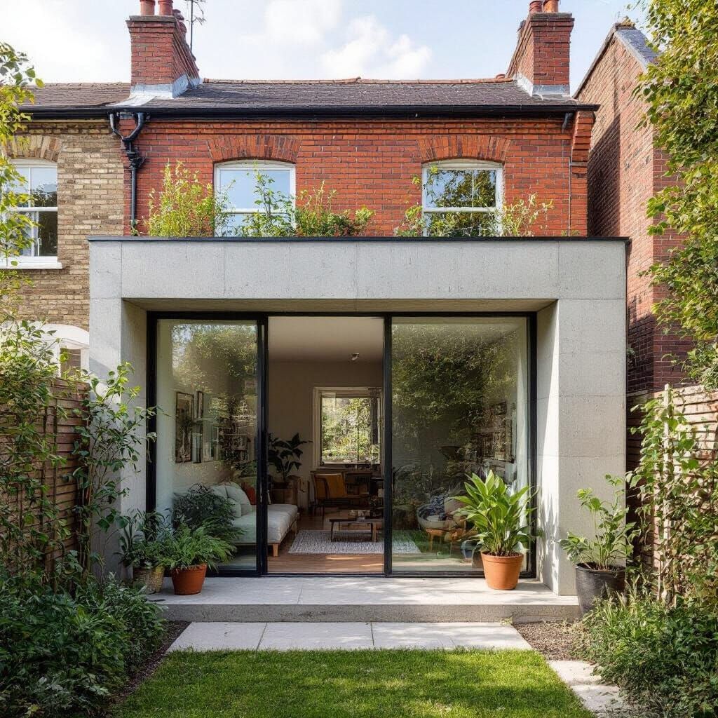 Minimalist Concrete Extension for Red Brick House