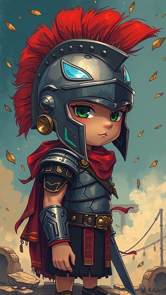 Chibi Spartan warrior in ancient Greek armor, standing triumphantly on a ruined stone pedestal