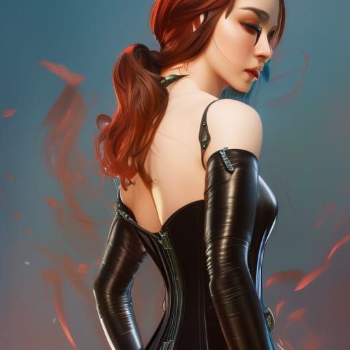 Elf Girl in Leather Catsuit: Hyperdetailed Portrait