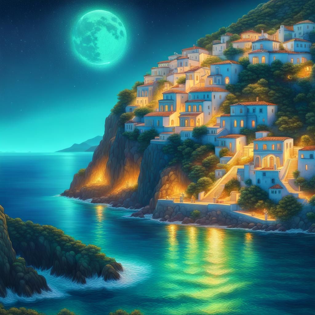 Aegean Sea View in Cosmic Mixed Media Style