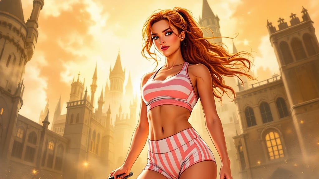 create an image of hermione granger wearing tight sport bra and shorts .
