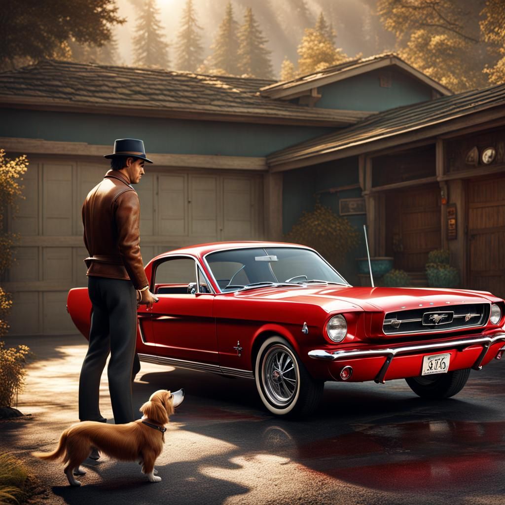 Retro Ford Mustang 1964 With Owner and Dog