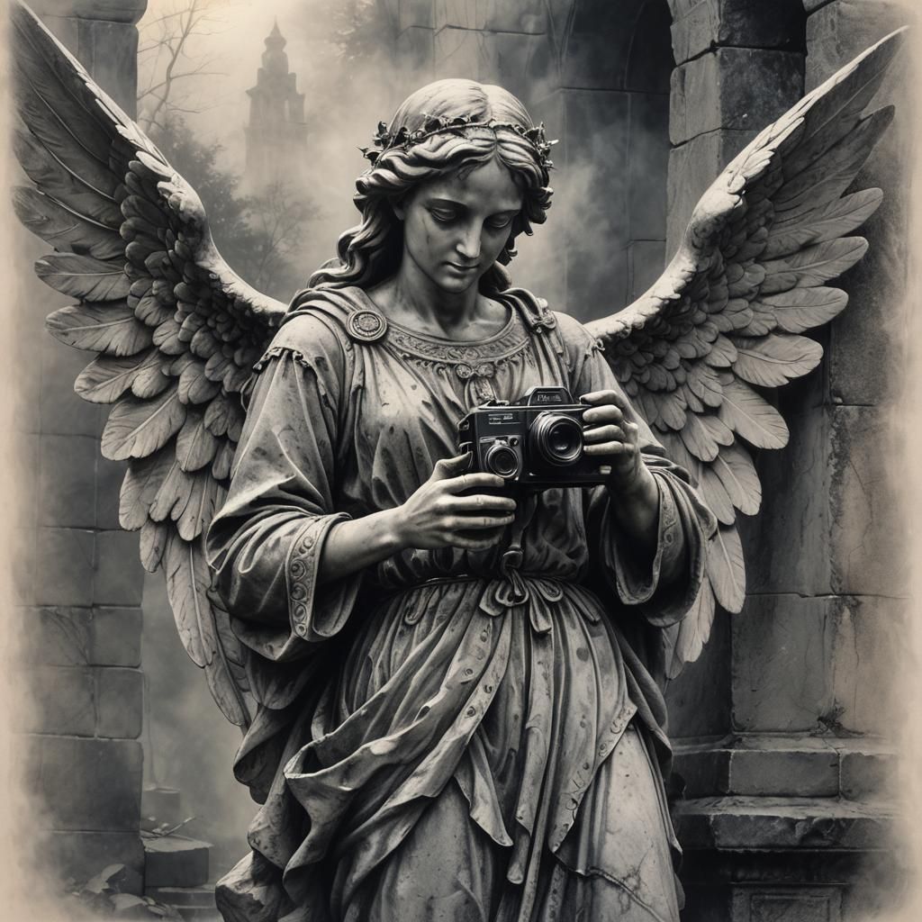 Stone Angel with Camera in Charcoal Drawing Style