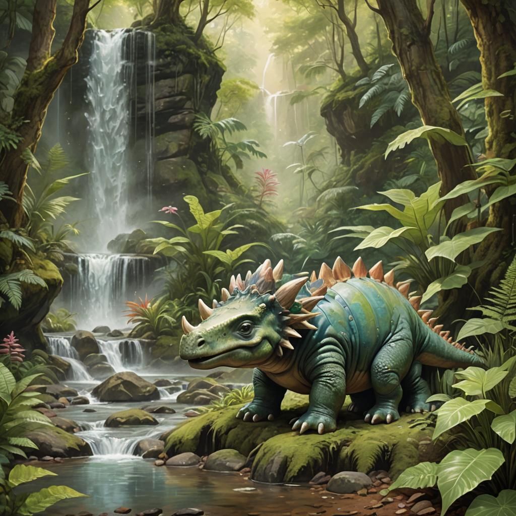 Baby Stegosaurus in Lush Forest: Whimsical Pastel Art