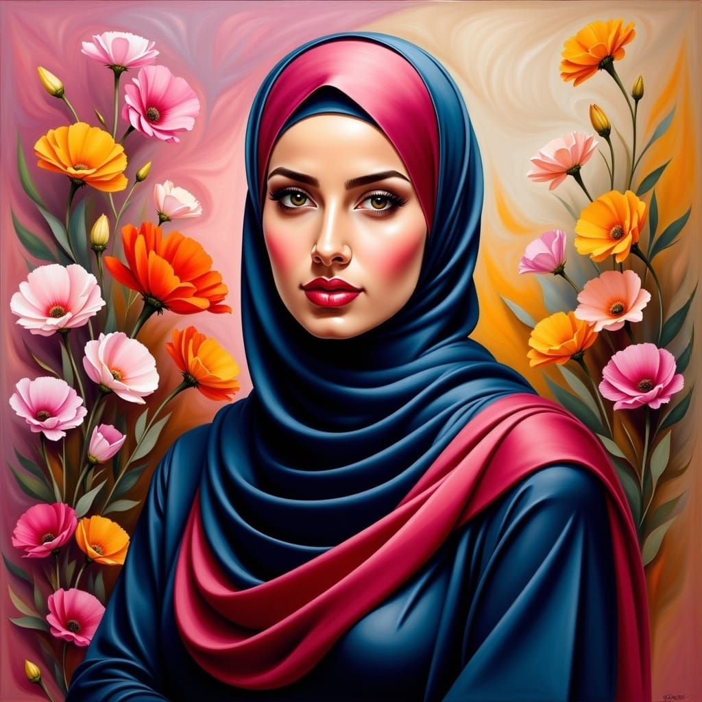 Vibrant Hijabi Goddess in a Floral Paradise