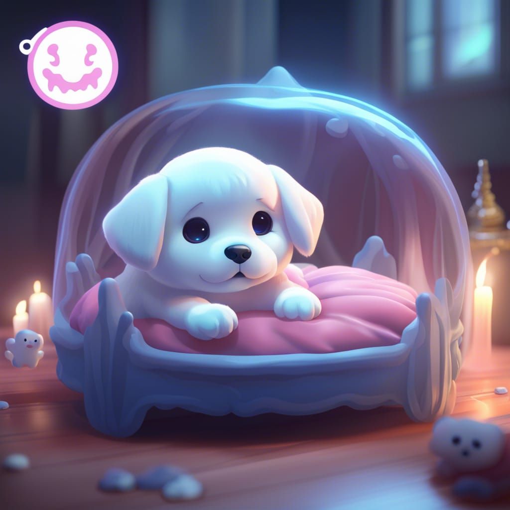 Kawaii Puppy Ghost Haunting a Dog Bed