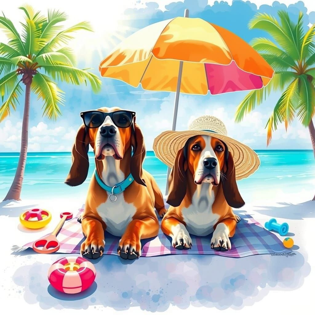 Basset Hounds Relaxing on Tropical Beach in Watercolour Styl...