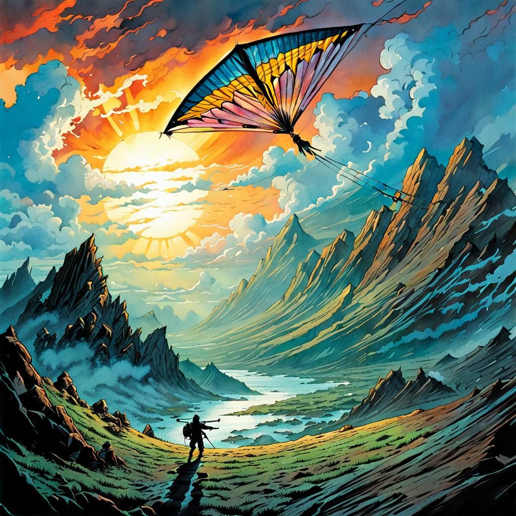 Large Kite Soars in Watercolor Comic Book Art