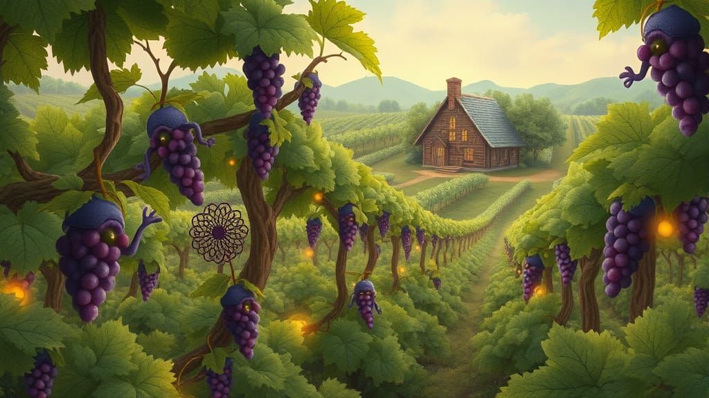 Whimsical Grape Creatures in a Dreamlike Vineyard