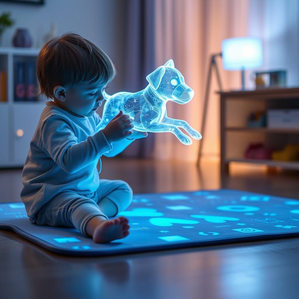 Futuristic Child Plays with Holographic Dog