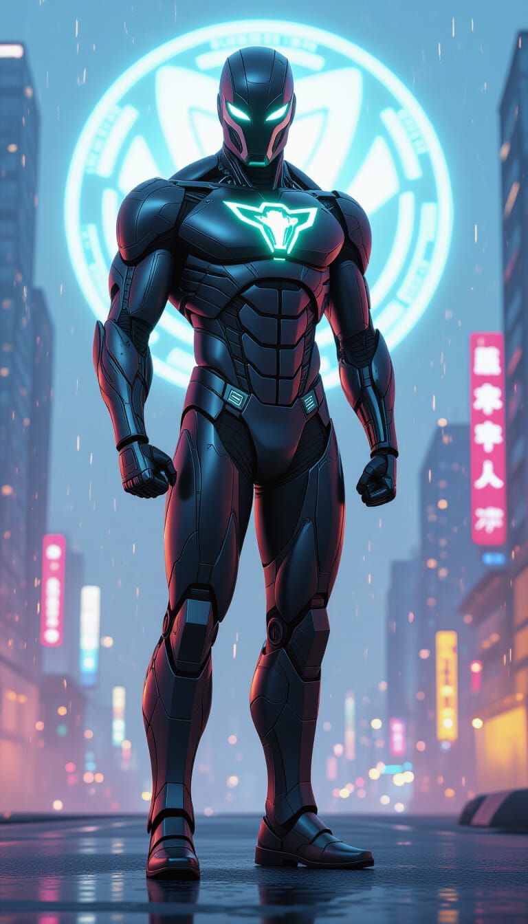 Futuristic Cyborg Superhero with Alien Symbol, Digital Art