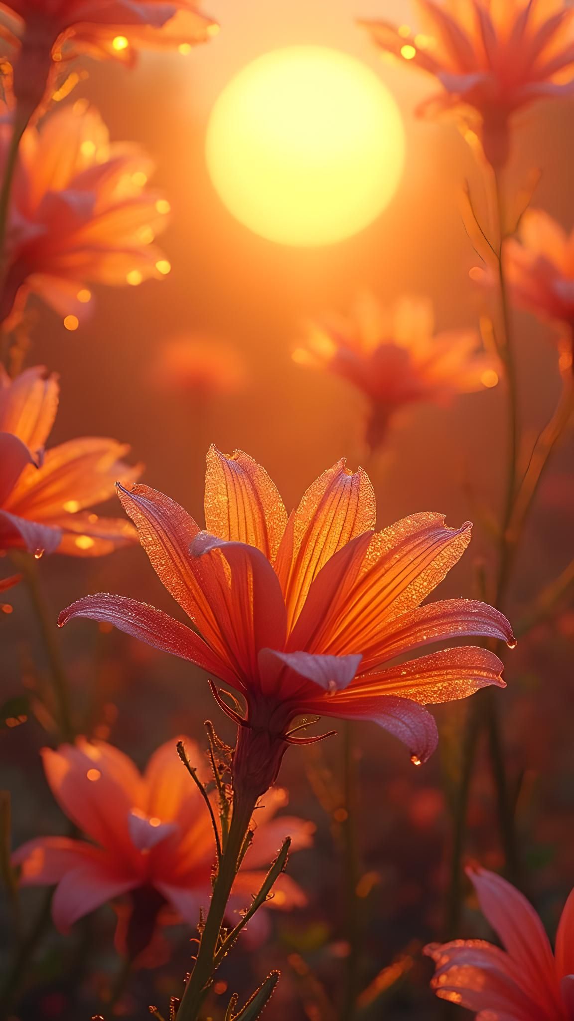 Majestic World of Symmetrical Flowers and Radiant Sun