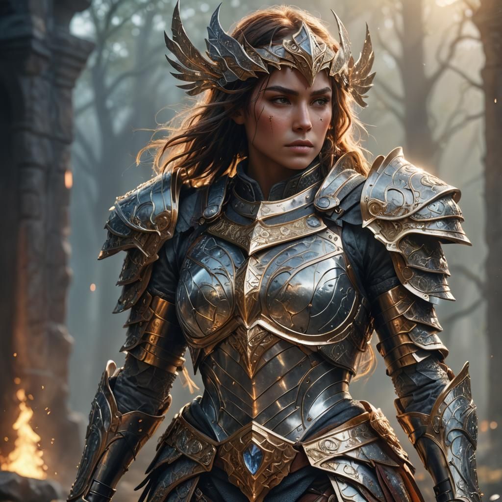 Heroic Armored Woman in Epic 3D Game Style
