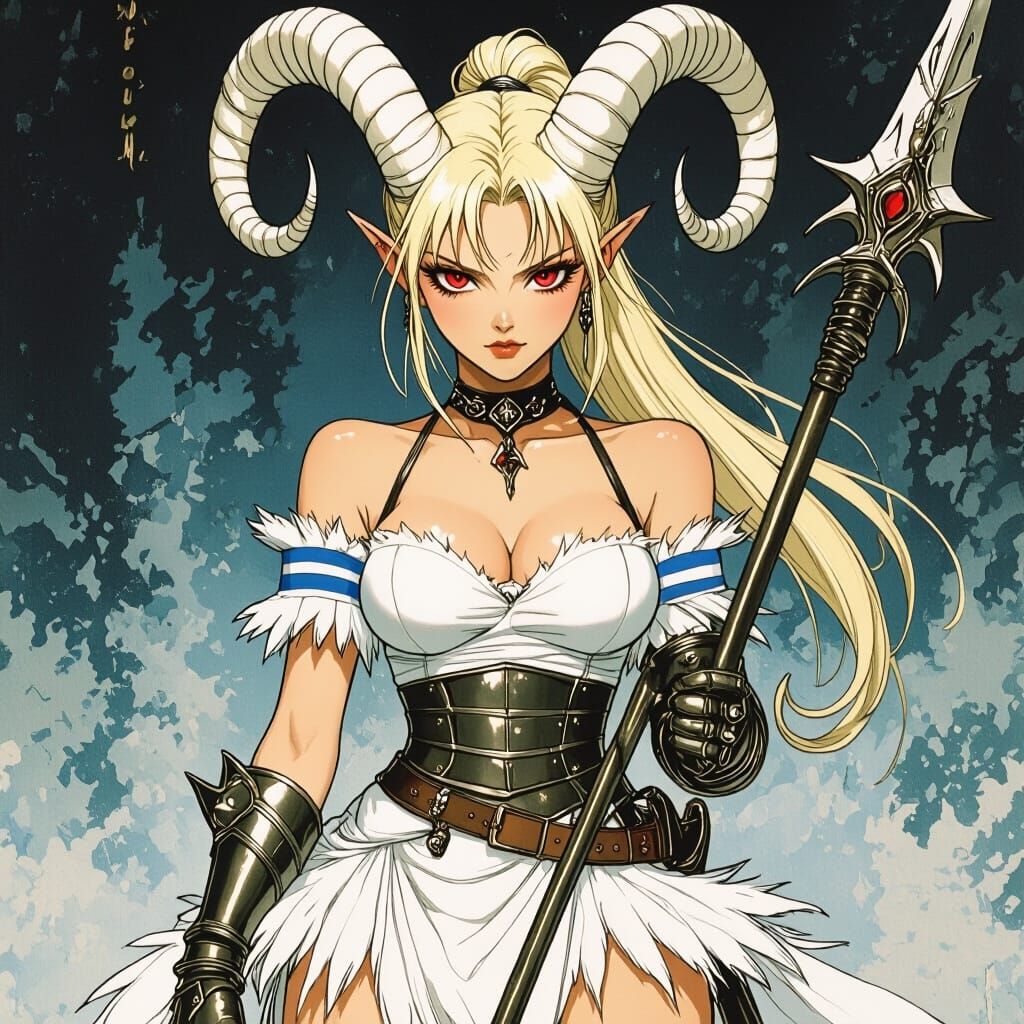 Voluptuous Demoness with White Goat Horns and Red Eyes