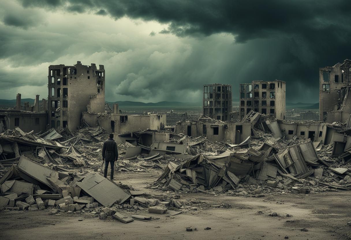 Post-Apocalyptic Survivor in a Ruined Cityscape