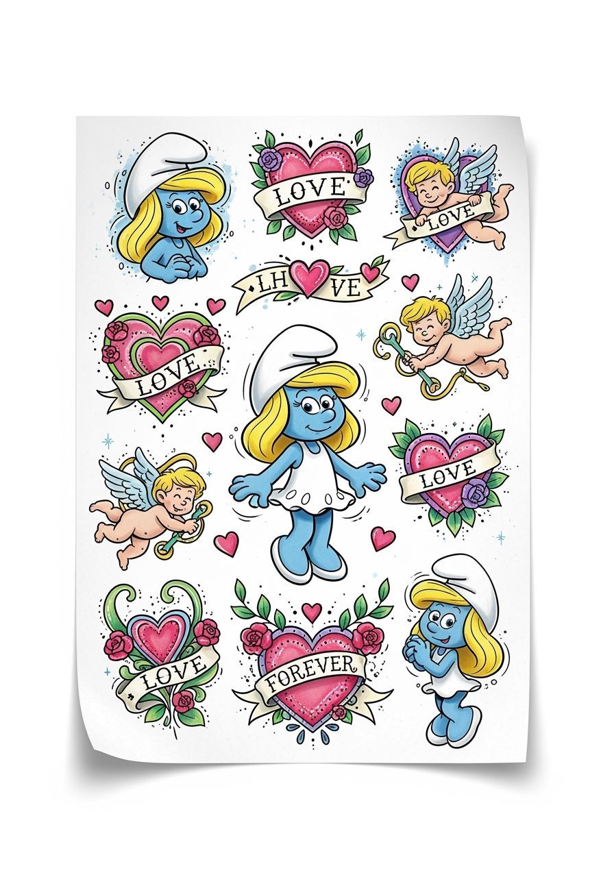 Schtroumpfette Flash Tattoo Sheet in Whimsical Style