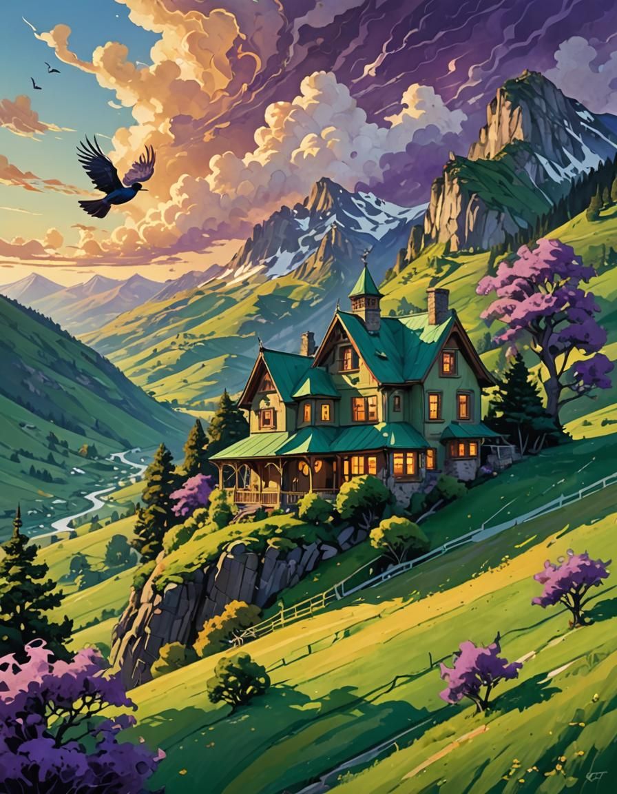 Mystical Mountain House in Dark Fantasy Style