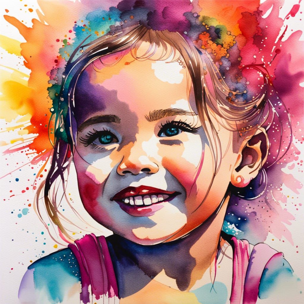 Joyful Girl with Makeup in Ink and Aquarelle
