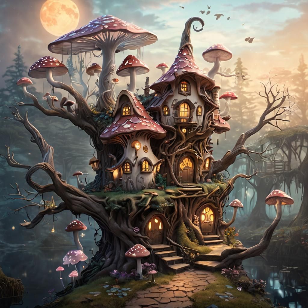 Glowing Mushroom Fairy Treehouse in Misty Landscape