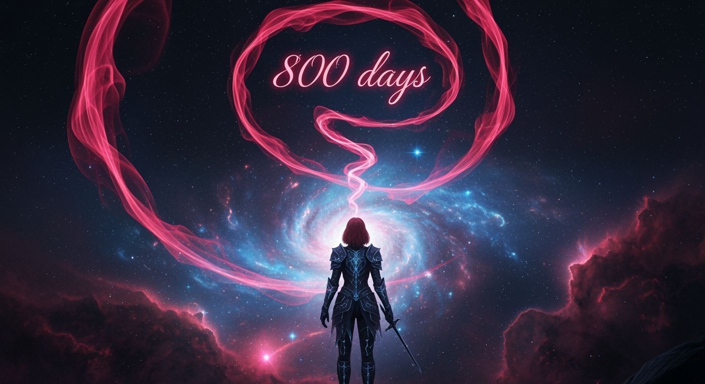 Ginger Knight Gazes Over Nebula with 800 Days Text