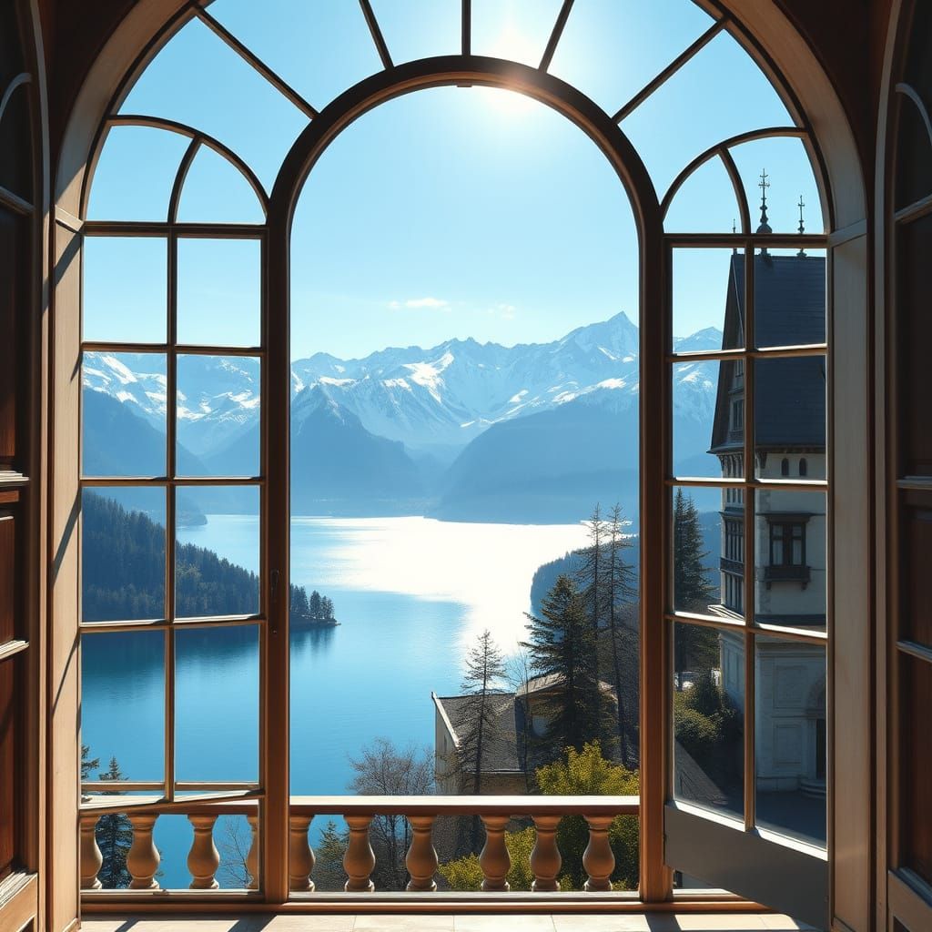 Swiss Chateau Window View of Lake Neuchatel and Mountains