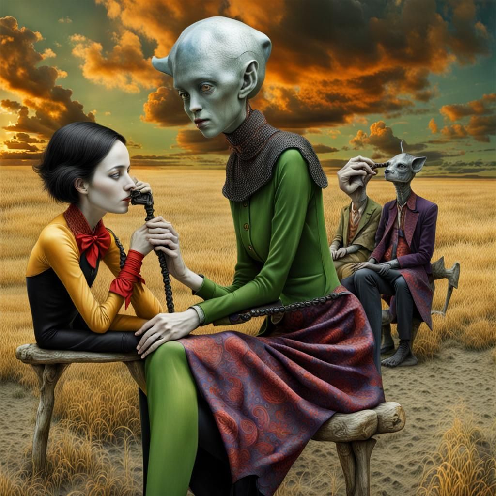 Surreal Restaurant Scene with Exotic Aliens