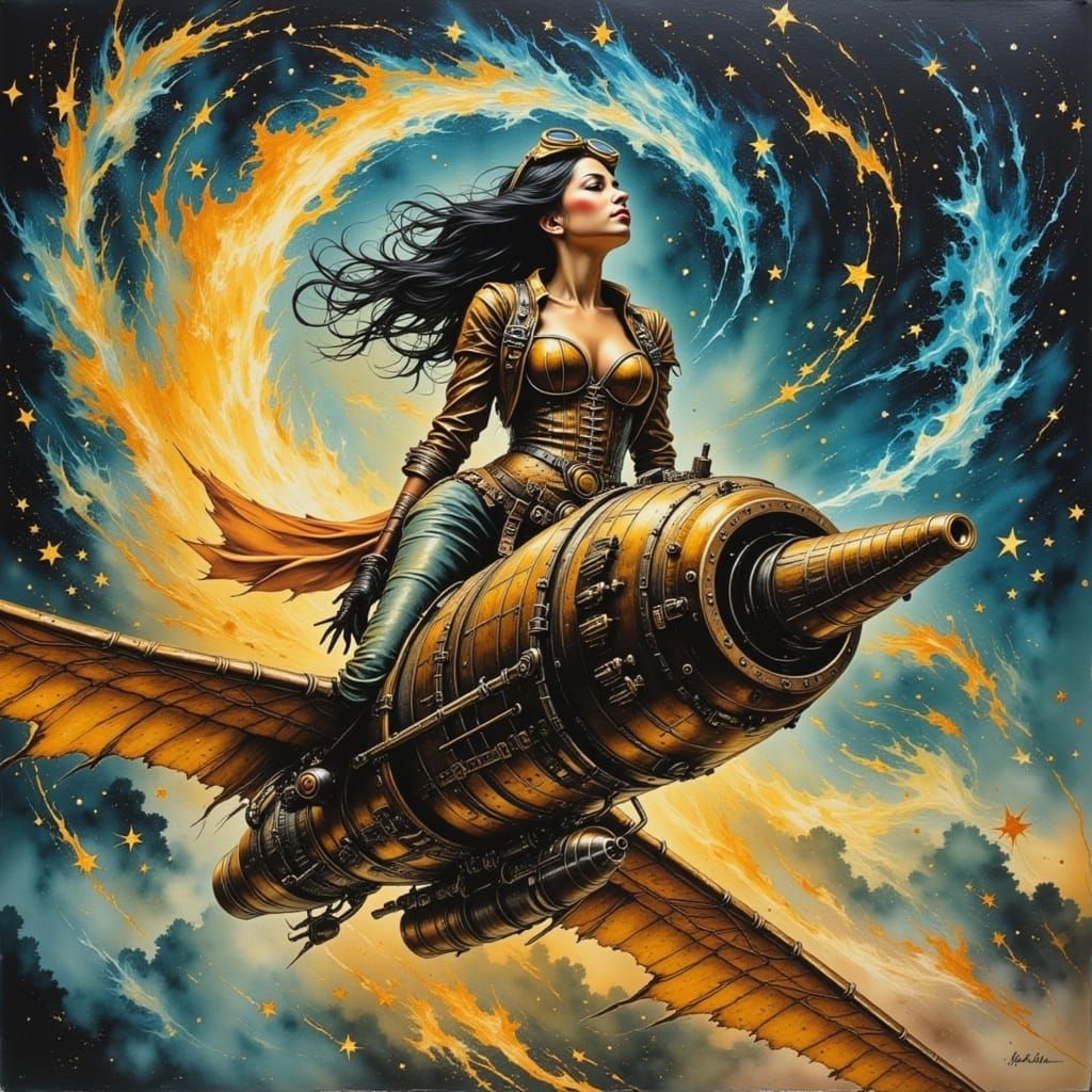 Steampunk Rocket Pilot Soaring Through Starry Vortex