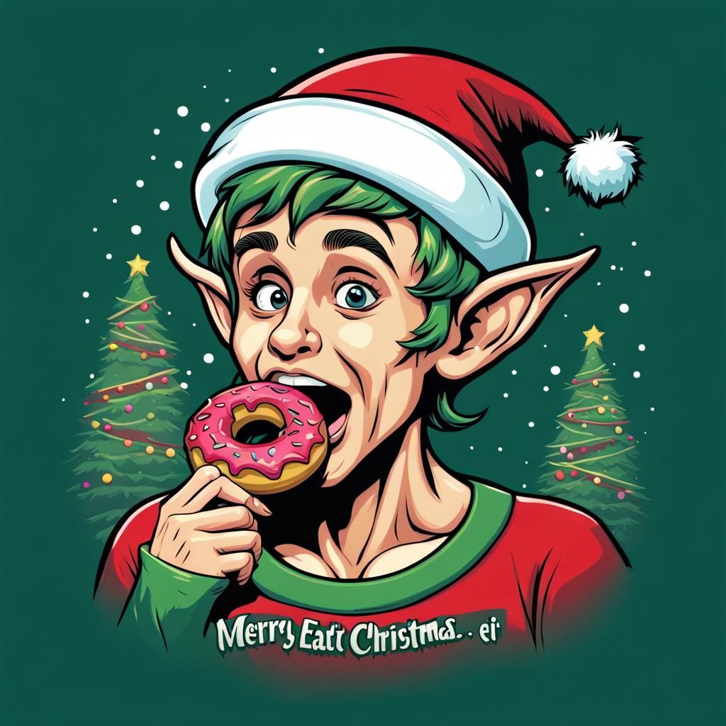 Funny Christmas Elf Eating Donut Vector Art
