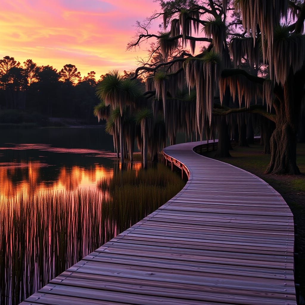 Tranquil Sunset Lake Boardwalk: Expertly Rendered Photograph