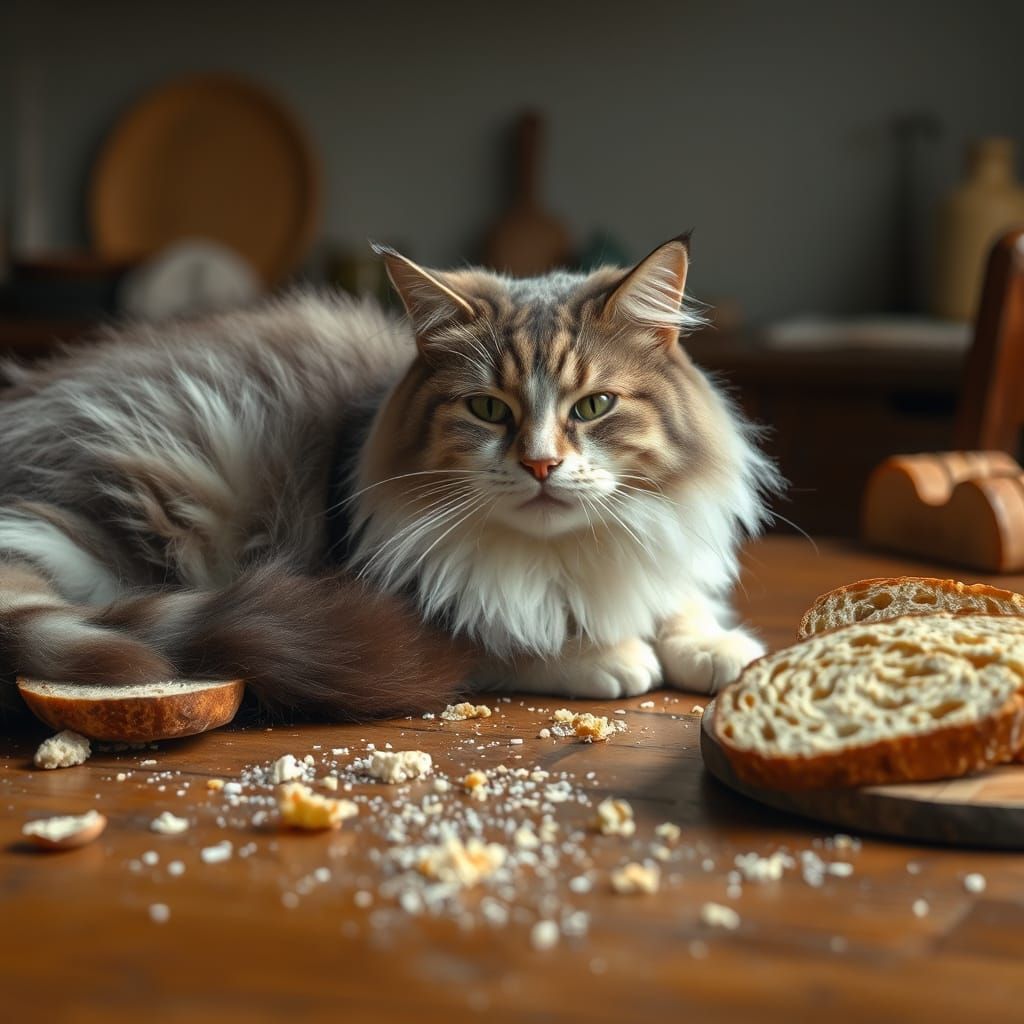 A Cozy Domestic Cat Amidst Crumbs and Fresh Bread