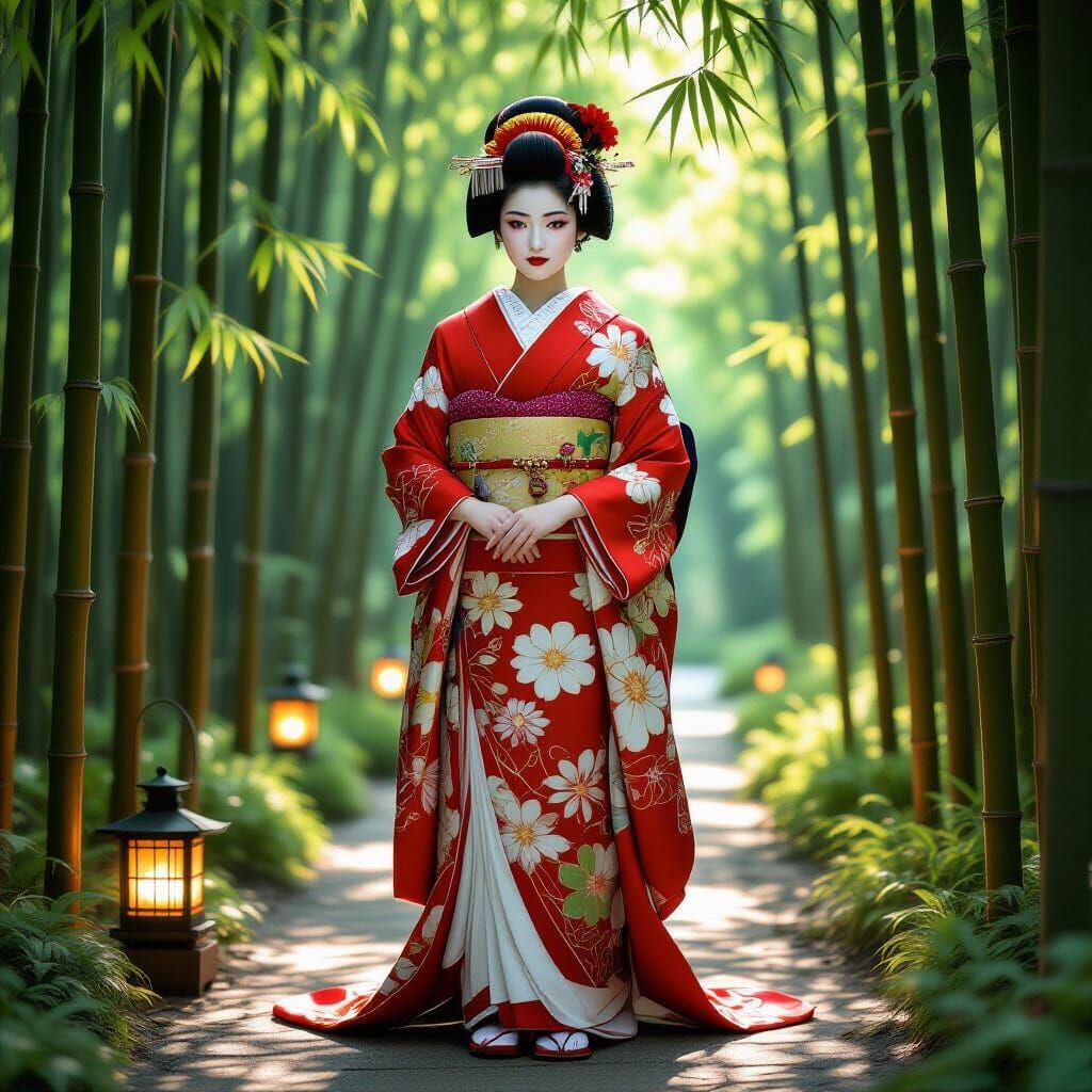 Geisha in Bamboo Forest: Ukiyo-e Style