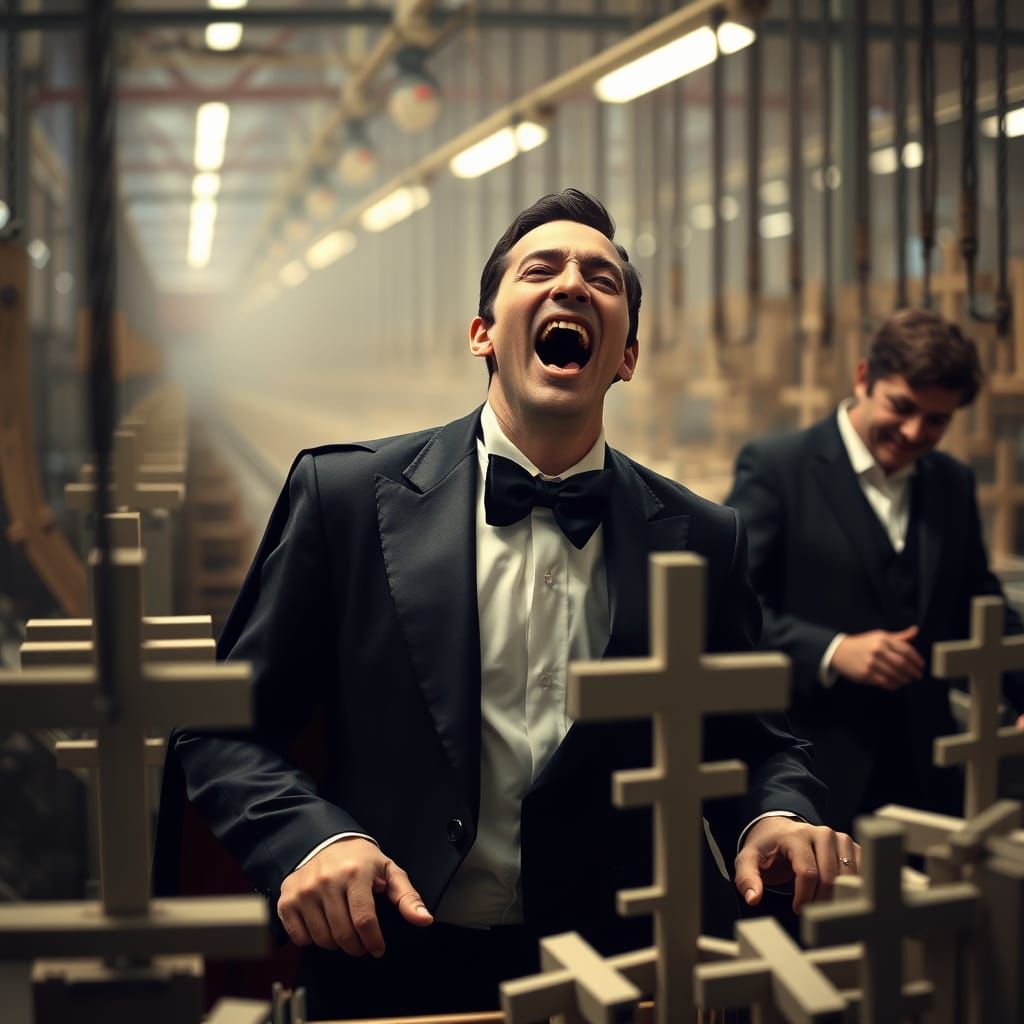 And assembly line at a factory making crosses. Three people on the assembly line. The person in the middle is a traditio...