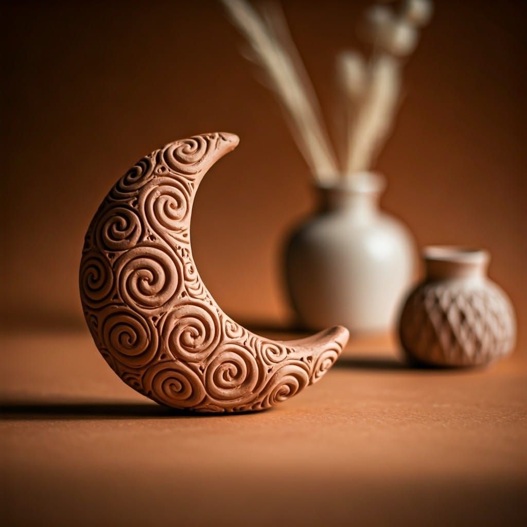 Delicate Terracotta New Moon Sculpture with Earthy Accents