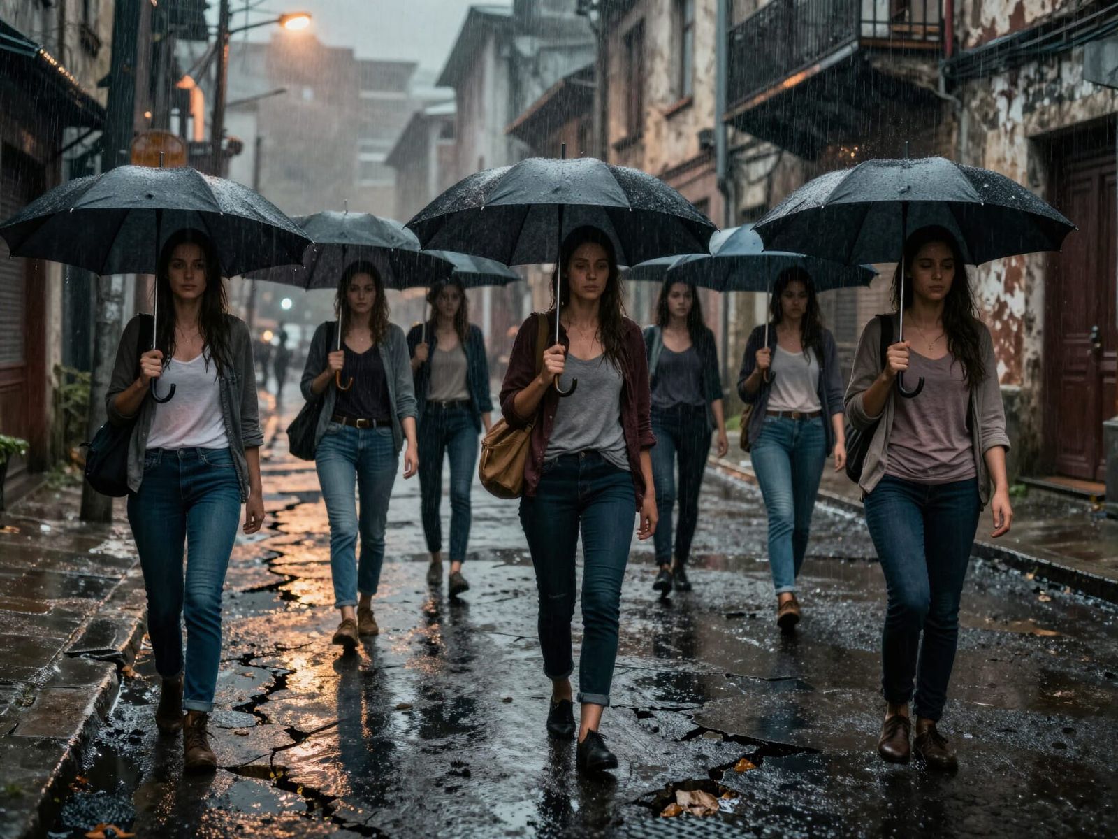 Resilient Women in a Grimy City Street During Rainfall