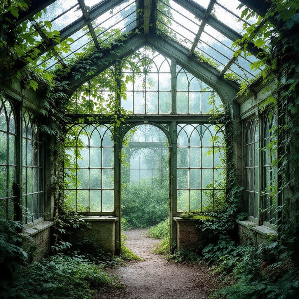 Victorian Greenhouse Reclaimed by Nature in Ethereal Light