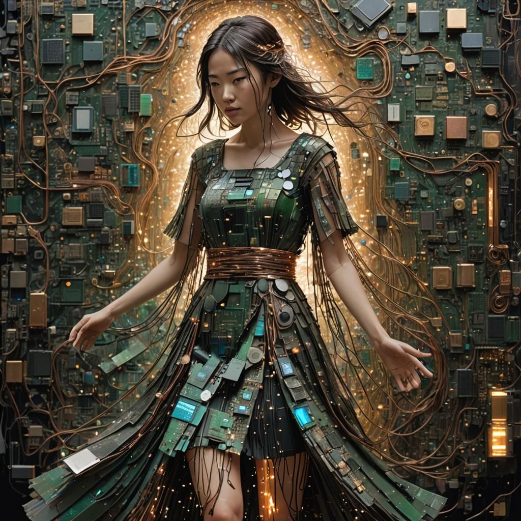 Digital Girl in Circuit Board Dress in Futuristic Landscape