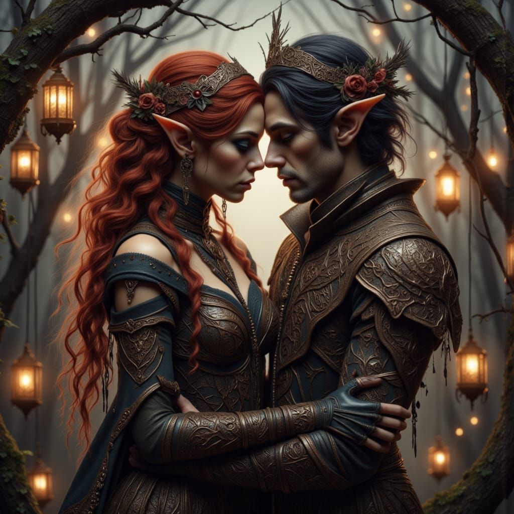 Ethereal Gothic Elven Lovers in Vintage-Inspired Elegance