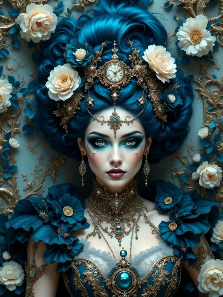 Navy Blue Split-Screen Baroque Gothic Fantasy Portrait