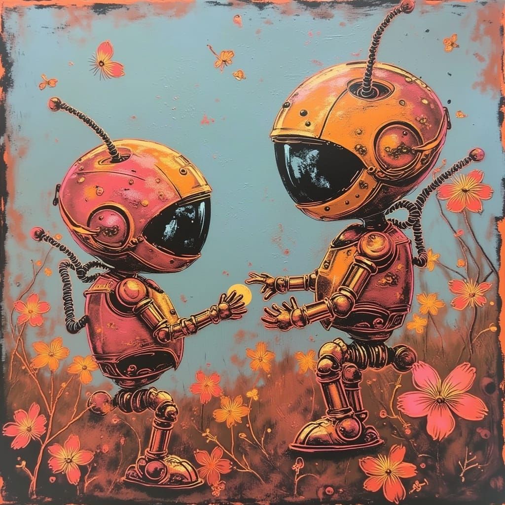 Whimsical Robots in a Blooming Garden