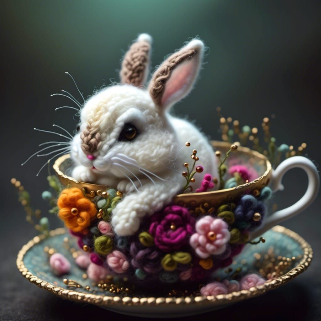 Cute Felted Wool Rabbit in Teacup, 3D Render