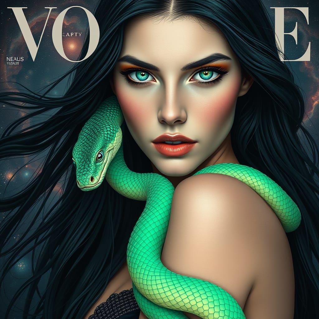 Hyperrealistic Portrait of a Woman with Cosmic Serpent