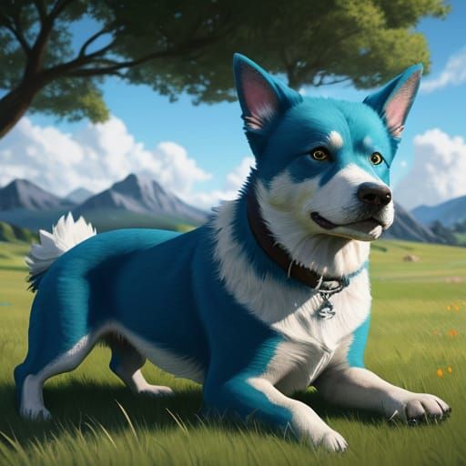 Bluey the Dog Playing in a Sunny Field