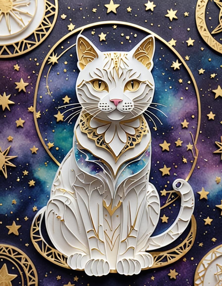 Kirigami Cat with Galactic Watercolor Background