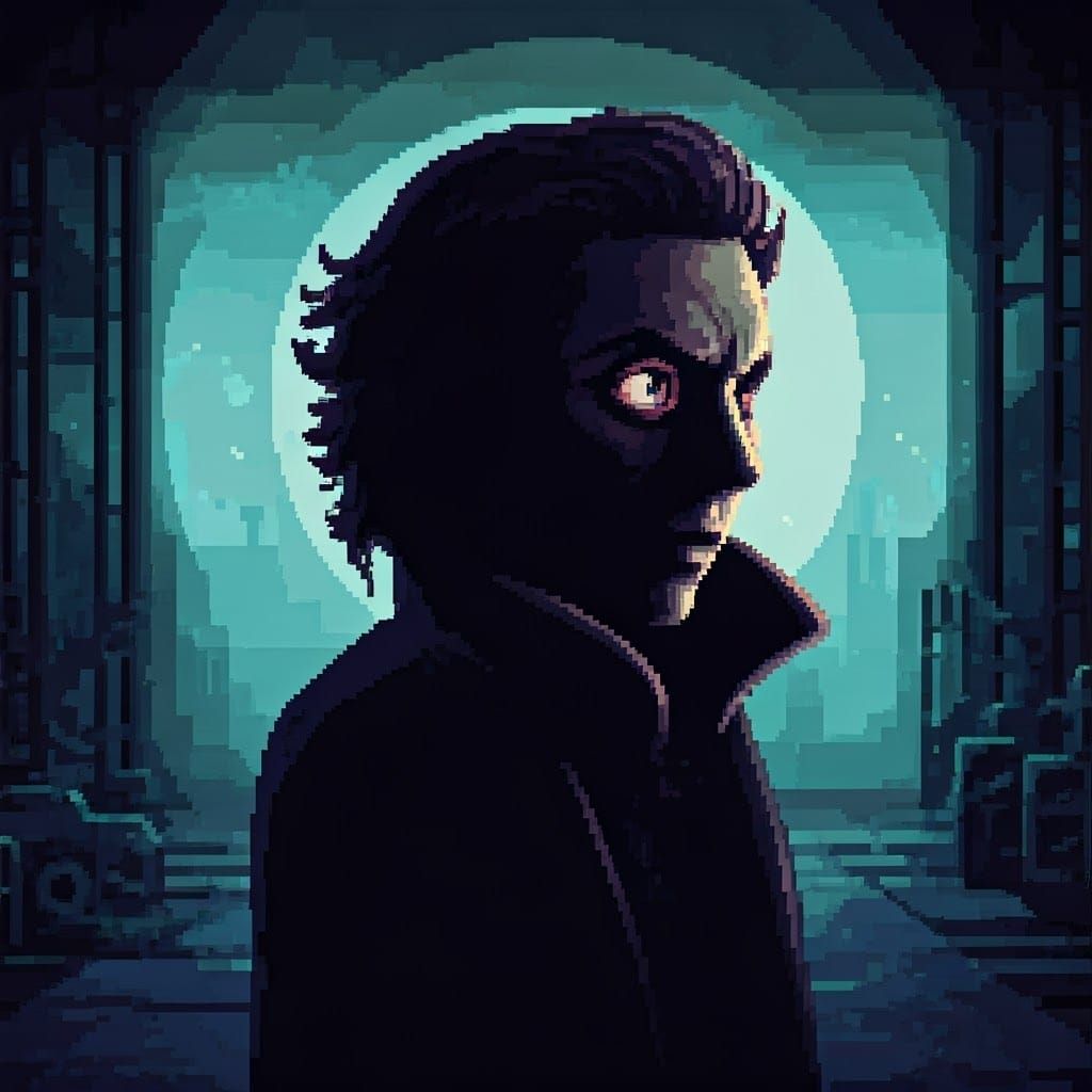 Pixel art  of a Zdzisław Beksiński style close-up, silouhett...