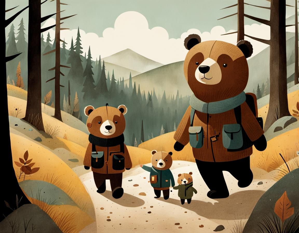 Teddy Bear Family Hike in Storybook Illustration Style