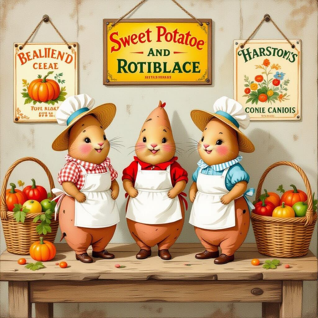 Sweet Potatoes in Aprons: A Whimsical Gouache Painting