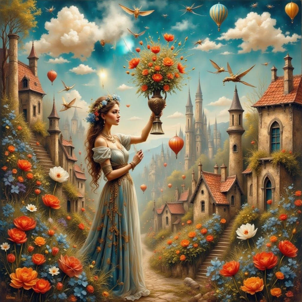 Surreal Giant Woman in Strange Town, Mixed Media